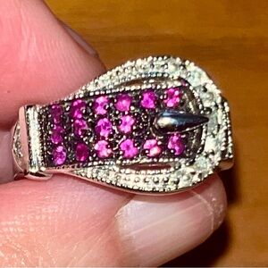 Sterling Silver 925 Ruby White Topaz Buckle Ring Sz 6.5 Vintage Glam Y2K